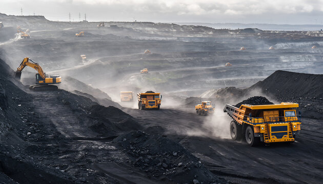Massive Open Pit Coal Mine with Heavy Machinery in Operation.