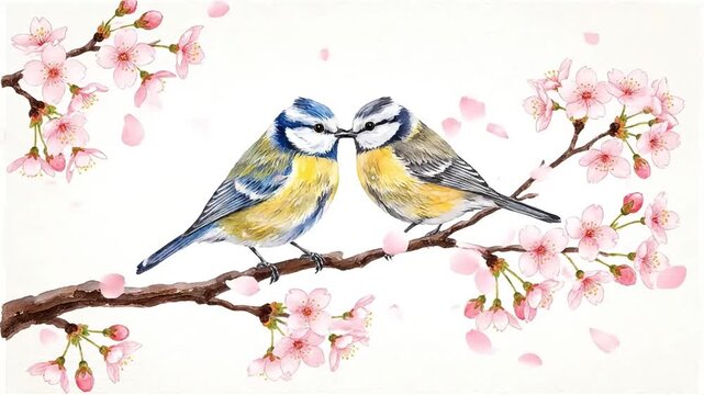 Two blue tits perched on a cherry blossom branch, watercolor painting.