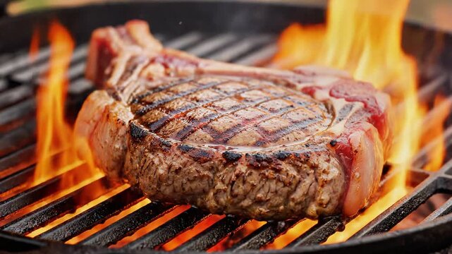 A t-bone steak is grilled on a barbecue, displaying grill marks and flames beneath it on the grate