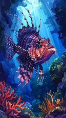 Vibrant underwater scene featuring a lionfish