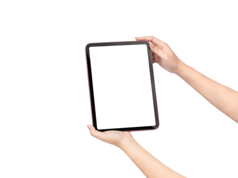 Close up of hands holding a pink digital tablet in horizontal orientation and using a stylus pen on blank white screen isolated on white background. Concept for online learning, digital drawing, and c - Powered by Adobe