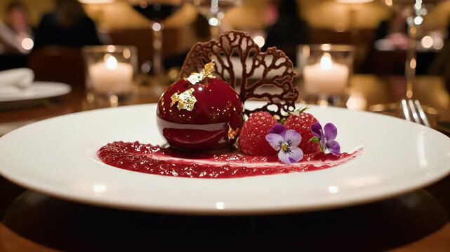 Gourmet dessert plate with red sphere raspberry sauce chocolate decoration
