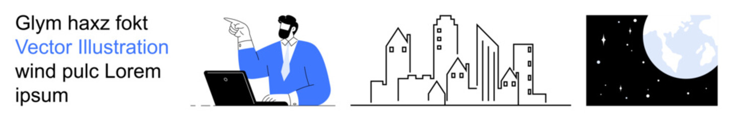 Business collaboration, urban development, global perspective, teamwork, technology, space exploration. Professional pointing and engaging with a laptop, city buildings, and the Earth in space © robu_s