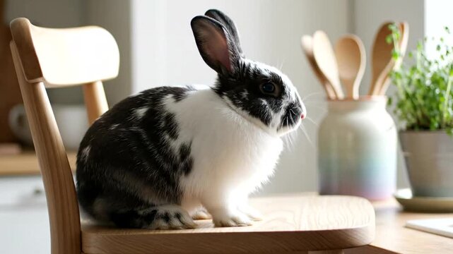 Black and White Rabbit Sitting on Kitchen Chair.
