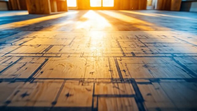 Sunlight streaming through a window onto a detailed wooden floor, creating patterns.