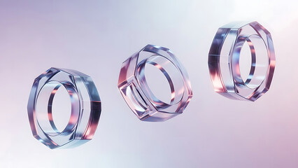 Three hexagonal glass nuts with iridescent light reflections