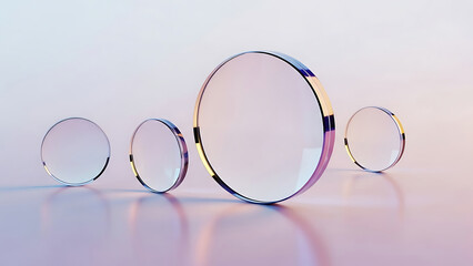 Four clear glass circles with iridescent edges on a pastel background