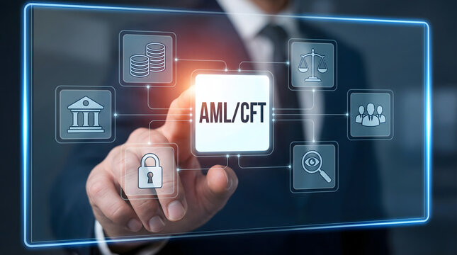 Businessman touching a glowing virtual screen displaying AML CFT with financial legal and 