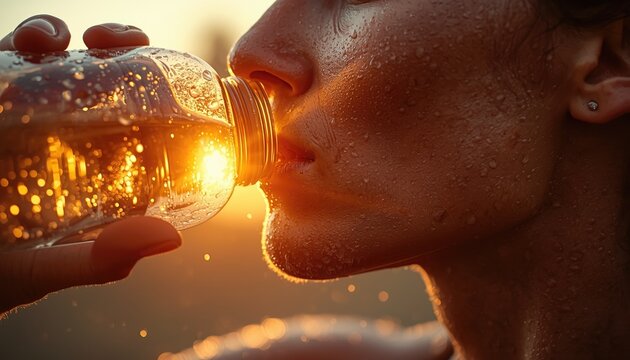 A thirsty man drinking water from a bottle during a beautiful sunset
