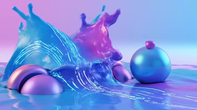Dynamic iridescent liquid splashes over futuristic spheres, embodying the vibrant and fluid Network Infrastructure Aesthetics of modern digital design.