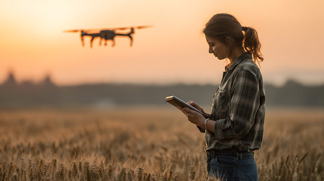 Female farmer using digital tablet to control agricultural drone over wheat field at sunset