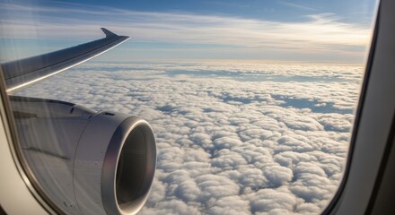 Airplane view of clouds and wing during flight.