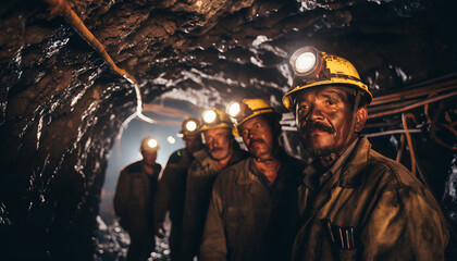 Fototapeta premium Miners in a dark underground coal mine wearing helmets with lights.