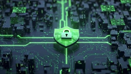 Glowing Green Lock at Center of Circuit Board – Cybersecurity, Data Encryption & Smart Infrastructure Concept

