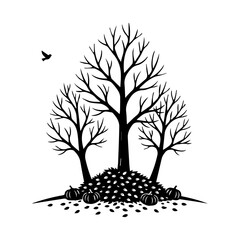 Autumn tree black silhouette with falling leaves and pumpkins.
