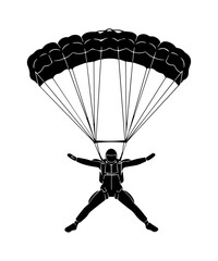 Black silhouette illustration of a skydiver descending with an open parachute canopy. airborne activity.