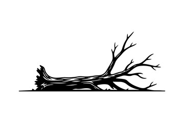 Fallen tree trunk black silhouette with bare branches lying on the ground.
