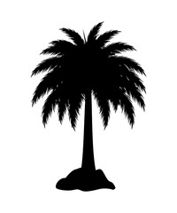 Tropical palm tree black silhouette standing alone on a small mound.