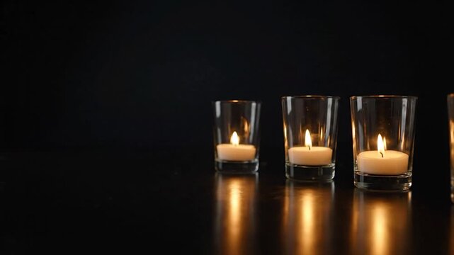 Lit candles in glass votives on reflective surface against dark background