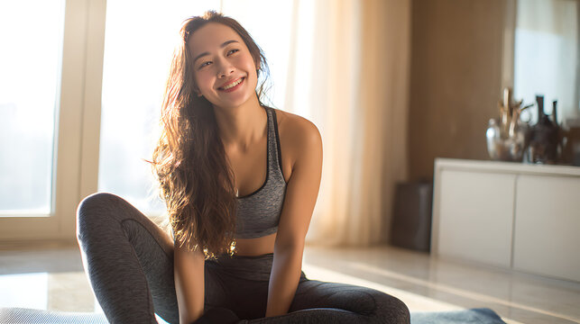 Smiling young Asian woman in fitness wear sitting on a yoga mat at home during morning sunlight