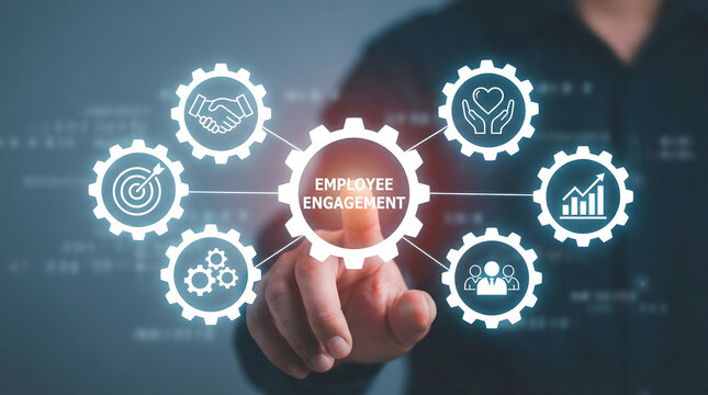 Hand touches glowing employee engagement concept with business icons on dark virtual inter