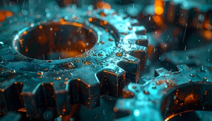 Macro detail of metallic machine gears and mechanism parts. Industrial background with cyan and orange lighting, wet surface texture, and bokeh sparks. High technology engineering concept.
