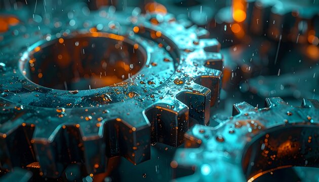 Macro detail of metallic machine gears and mechanism parts. Industrial background with cyan and orange lighting, wet surface texture, and bokeh sparks. High technology engineering concept.