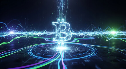 Futuristic cryptocurrency hologram display with blockchain technology in a neon-lit digital environment viewed from above