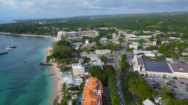 Holetown Beach and coastal resorts aerial view in historic city center of Holetown, St. James Parish, Barbados. 