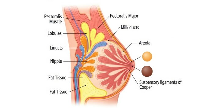 Anatomical Illustration of the Female Breast Structure and Function.