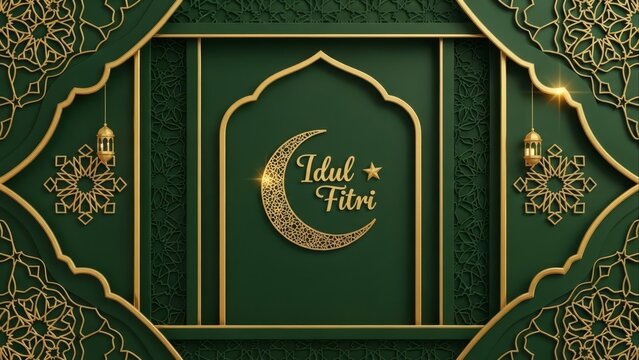 Luxurious Idul Fitri and Eid al-Fitr greeting background with 3D golden crescent, star, traditional lanterns, and ornate Islamic geometric patterns on a rich dark green backdrop.