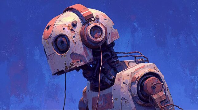 Animation of 3D Retro 90s Rusty Robot Character with Worn Metal Texture and Vintage Design on Blue Background