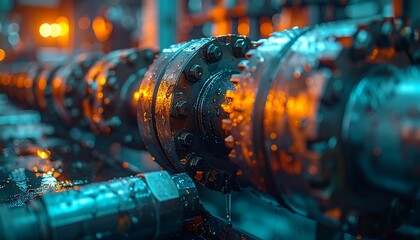 Detailed close-up of industrial metal gears and machine parts with cinematic teal and orange lighting. Wet, oily texture with shallow depth of field. Background for engineering and technology.
