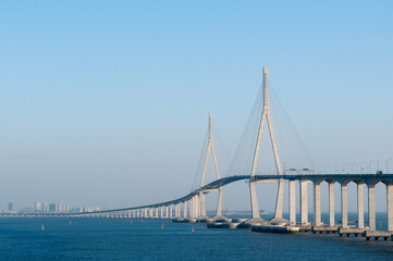 Fototapeta premium Majestic View of Incheon Bridge, the Longest Cable-Stayed Bridge in South Korea, over the Sea