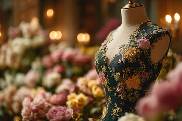 An elegant mannequin with an exquisite evening gown adorned with voluminous floral embroidery and decorative elements. 