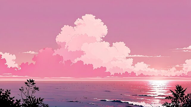 Calm ocean horizon under a pink sky, minimalist anime aesthetic
