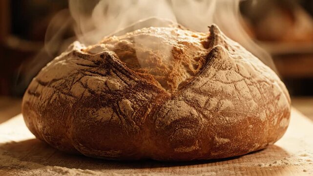 Freshly baked artisan bread loaf rising steam closeup
