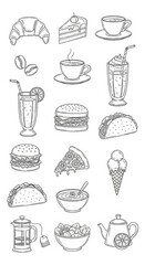 Assorted Food and Drink Illustrations - Croissant, Cake, Coffee, and More.