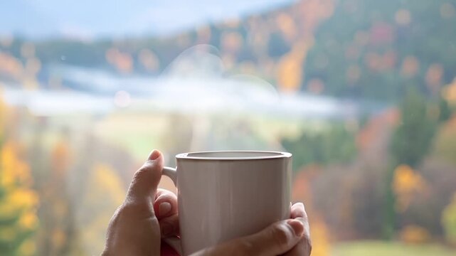 窓辺の柔らかな自然光に照らされた温かいマグカップを持つ手元の映像。
湯気がかすかに立ち上り、背景はぼんやりとぼけた落ち着いた空間。
浅い被写界深度とゆっくりしたカメラの寄りが静けさを強調する。