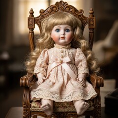 Antique Bisque Doll Sitting on a Wooden Chair.