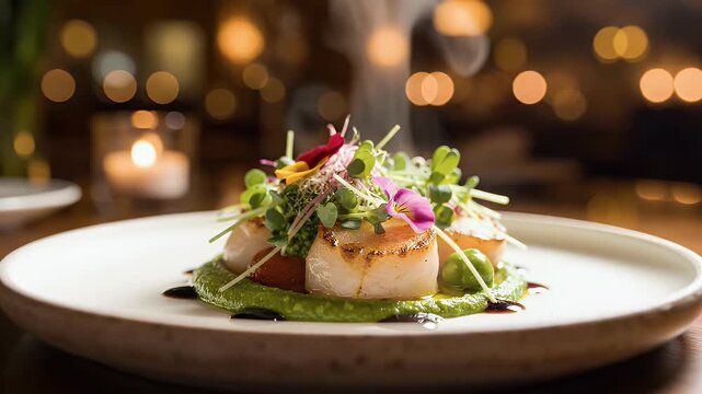 Gourmet dish presentation seared scallops with microgreens and artistic plating