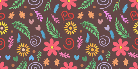 A vibrant floral pattern with stylized flowers leaves and swirling decorative elements