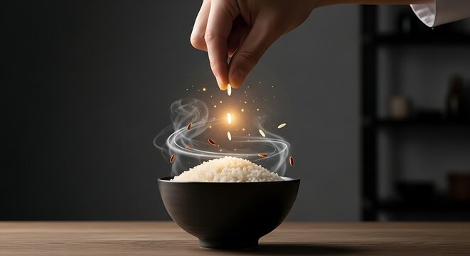 Hand sprinkling magic glowing rice grains into a bowl