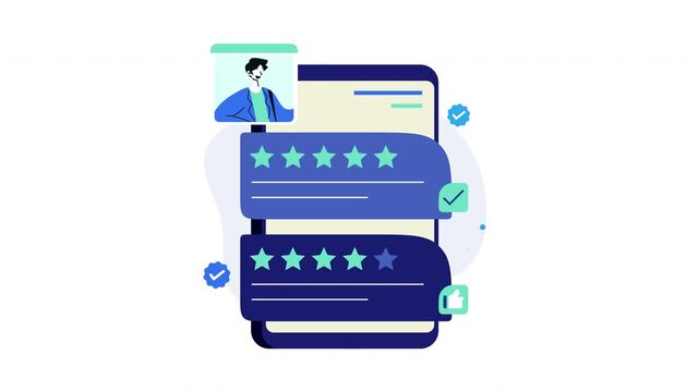 Customer reviews animation with rating stars and user profile icon. Suitable for website, app, blog about customer feedback.