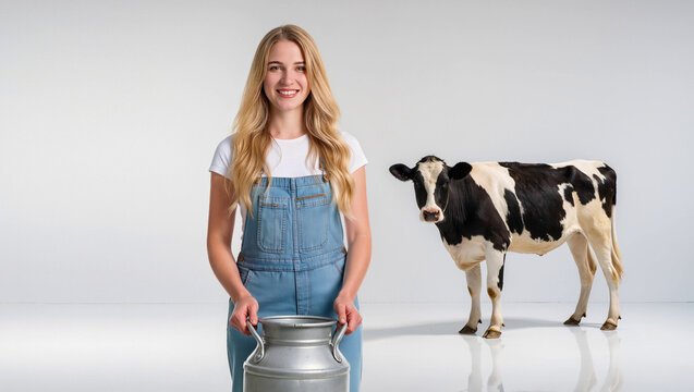 White-haired dairy cows and young, beautiful milkmaids