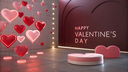 Happy Valentine&rsquo;s Day Romantic Heart Illustration with Love Balloons and Ribbon Banner