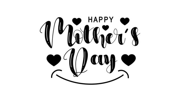 Happy mothers day text animation with hearts, smiling curves. Suitable for cards, social media posts, website banners celebrating mothers, expressing love.