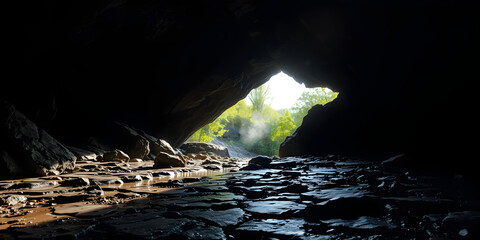 Fototapeta premium Dark cave interior opening to bright green nature