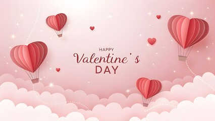 Happy Valentine&rsquo;s Day Romantic Heart Illustration with Love Balloons and Ribbon Banner
