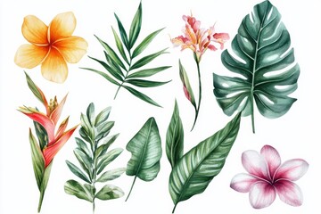 Fototapeta premium Watercolor illustrations showing tropical flowers and plants on a white background with colorful, detailed designs